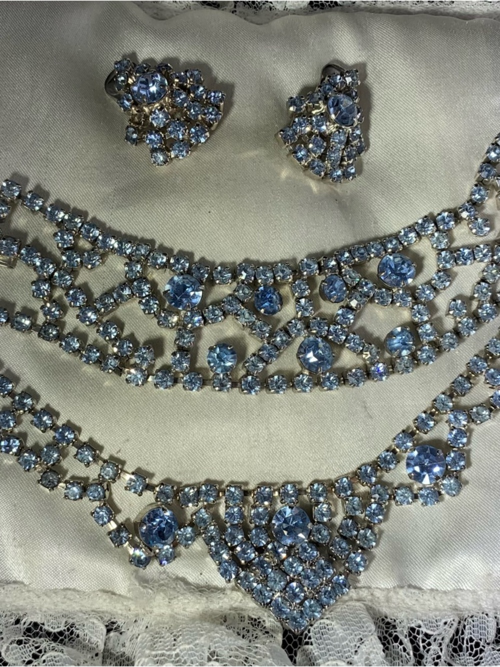 Vintage Aqua Blue 3PC Rhinestone Set,Statement Necklace Bracelet and Earrings
